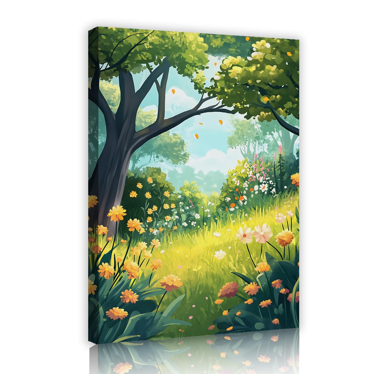 TOANGWALL Forest Tree Garden Canvas Wall Art Yellow Wildflowers Meadow Painting Nature Landscape Modern Framed Poster Mural Prints Pictures For Dining Room Hallway Decor 60x90cm