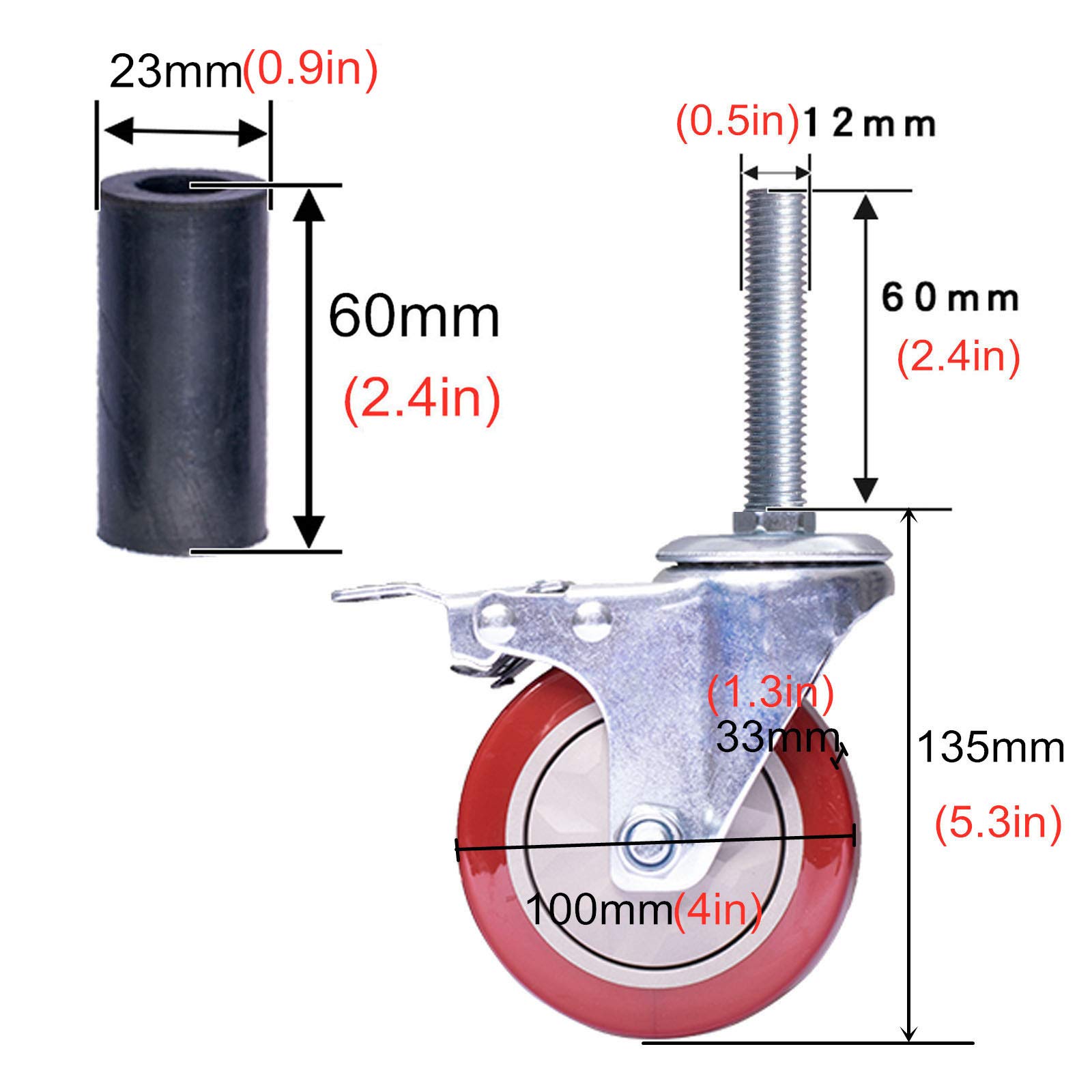 Ruote girevoli in Poliuretano Resistenti da 100 mm con Freno – Set di 4, Ideali per banco da Lavoro, Carrello, mobili, scaffale, bullone M12x60mm, Tubo Tondo da 4 Pollici
