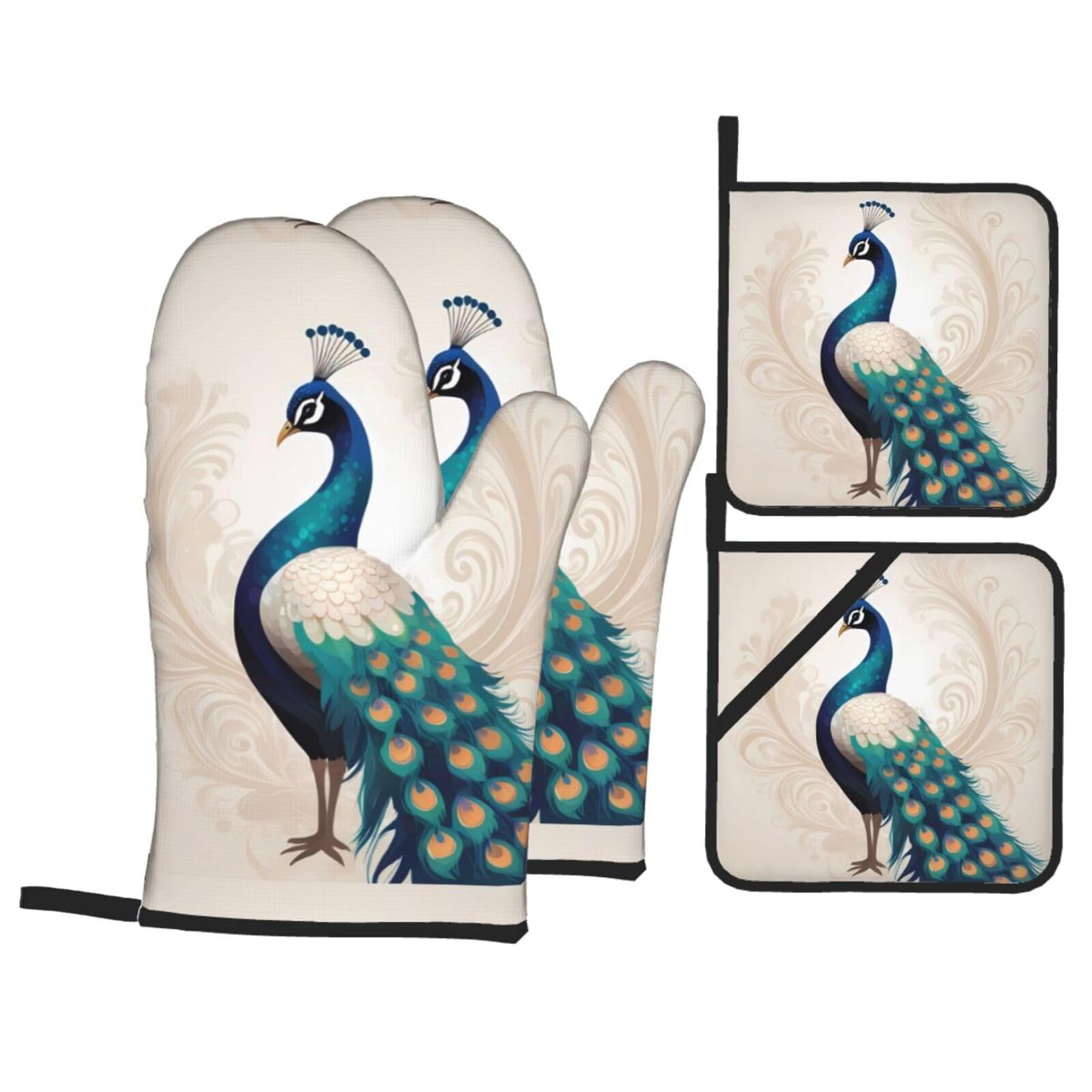 HJFCZH Pearl Peacock Picture Kitchen Baking Set of 4 Thick Insulated Oven Mitt & Pot Holders, Anti-Scalding for Microwave, Oven, Outdoor BBQ