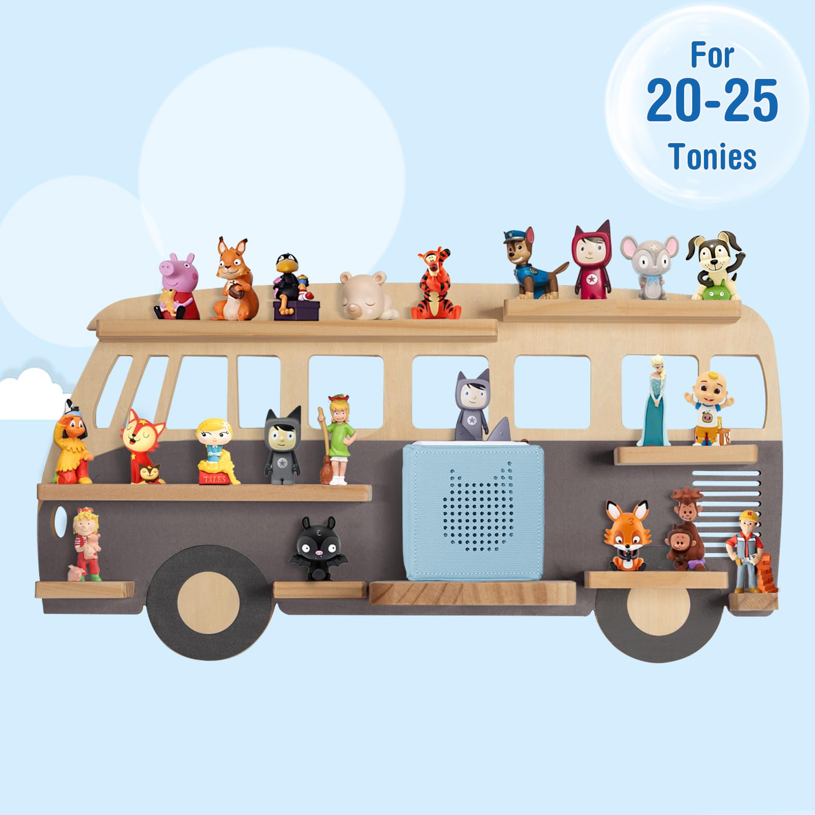 Todeco Étagère magnétique, pour Tonie Box et Tonies, Jusqu'à 20-25 Tonies, Murale Étagère pour boîte à Musique pour Enfant, Bus Gris