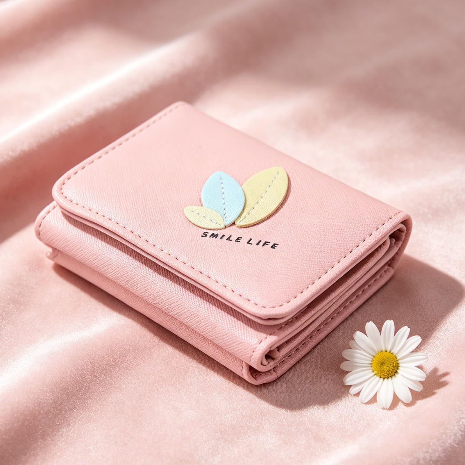 Women's Small Trifold Wallet, Mini PU Card Holder with Coin Pocket & ID Window for Daily Use, Cute Leaf Decor (Pink)