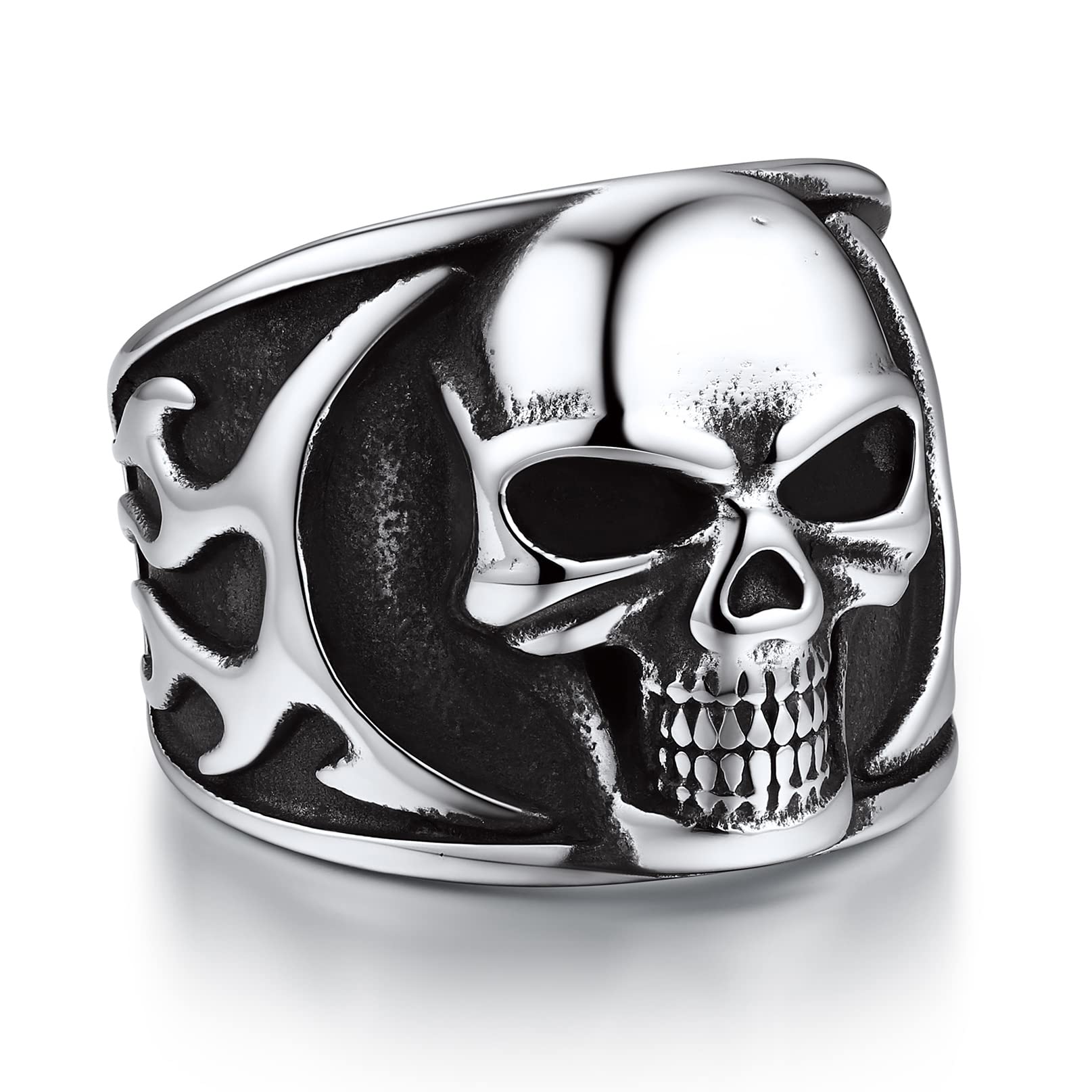 Bandmax Mens Skull Rings, Stainless Steel Skull Skeleton Band Rings for Men Women Gothic Punk Biker Rings Size 7-14