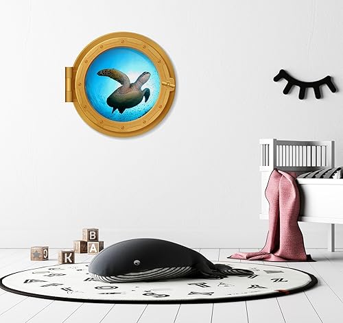 Miniatura 2 de Niwo ART - Calcomanía 3D de tortuga marina, latón, ojo de buey submarino bajo el agua, adhesivo de pared autoadhesivo para despegar y pegar (12