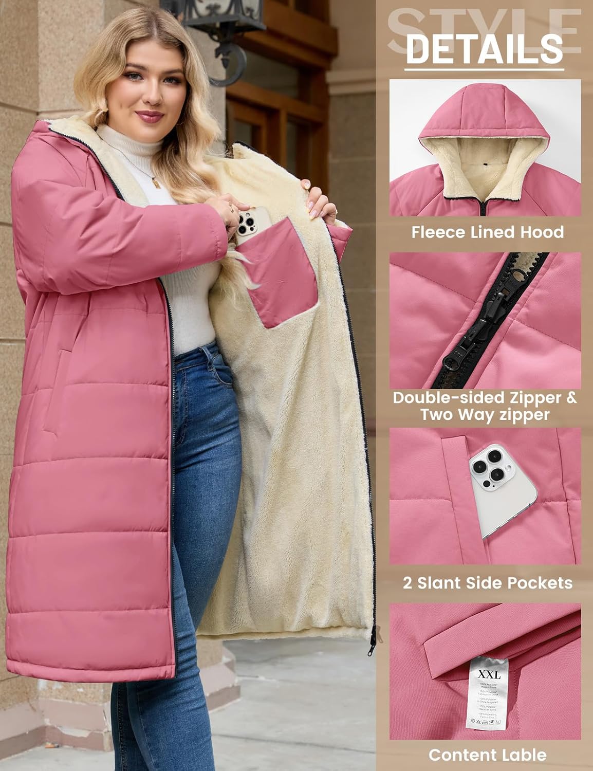 Women's Winter Coats Plus Size Reversible Fleece Jackets Hooded Lightweight Oversized Long Down Coat for Commute Travel - Image 2