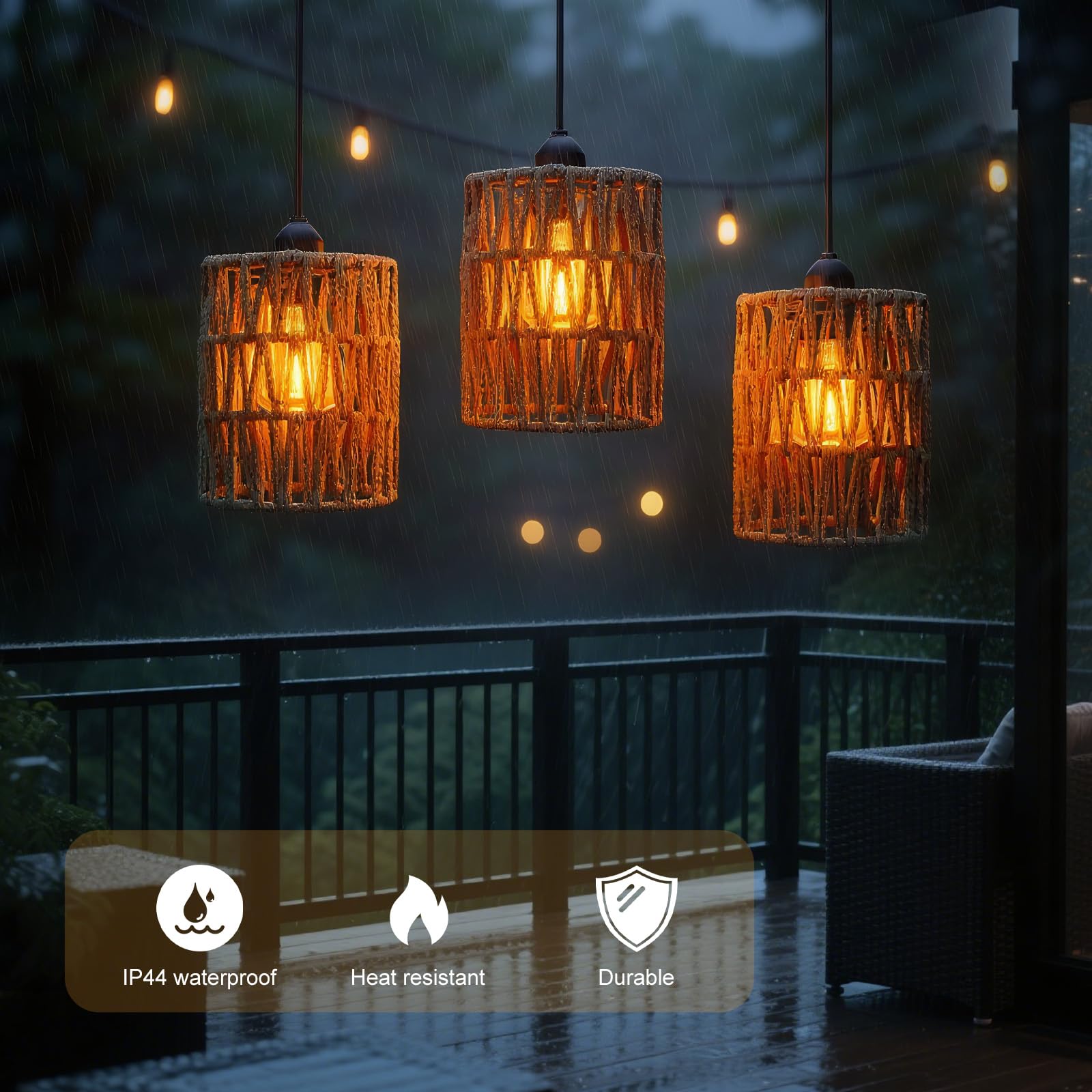Rattan Hängelampe mit Batterie 3pcs, E27 Retro Pendelleuchte mit Dimmbar Schalter, Vintage akku Hängelampe, Boho Lampe, Indoor/Outdoor Hängeleuchte für Schlafzimmer Foyer Balkon