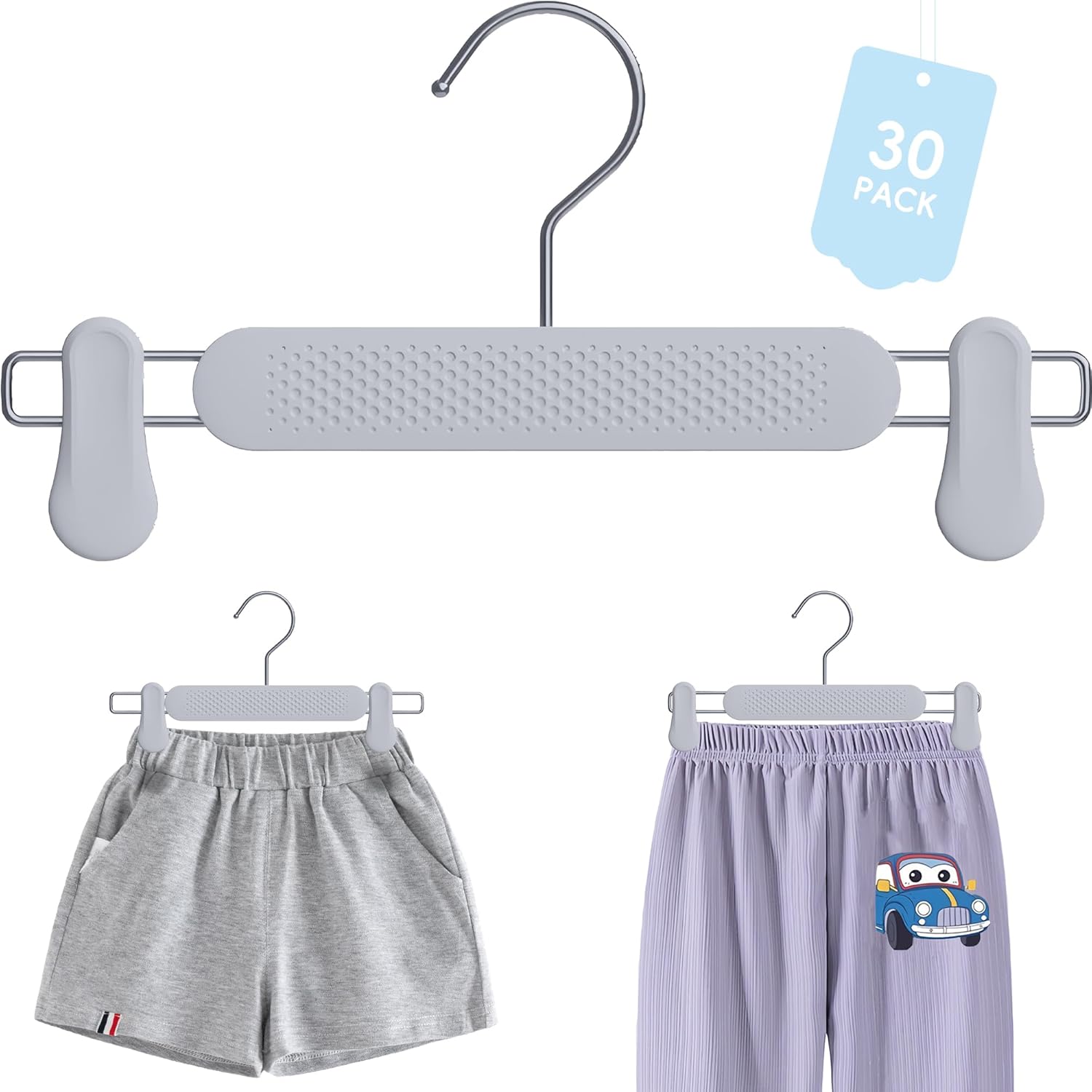 Frosted Embossing Skirt Pants Hangers with Clips for Women 30 Pack, Adjustable Heavy Duty Kids, Toddler, Children, Baby Shorts Hanger, Space Saving Non-Slip with 360° Swivel Hook (Apricot)