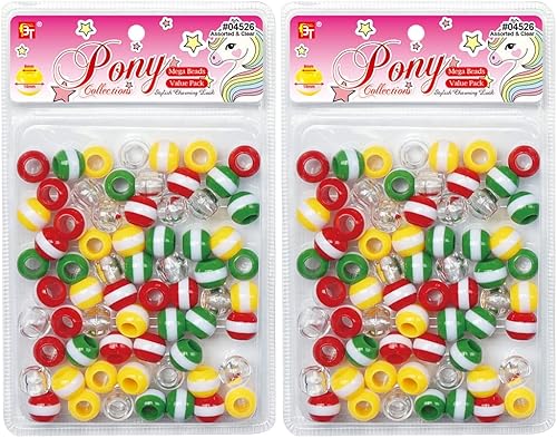 Kit de 142 cuentas para hacer joyas, para trenzar el cabello, pulseras, adornos, manualidades, a rayas, mega, 0.630in, pony redondo + 2 cuentas
