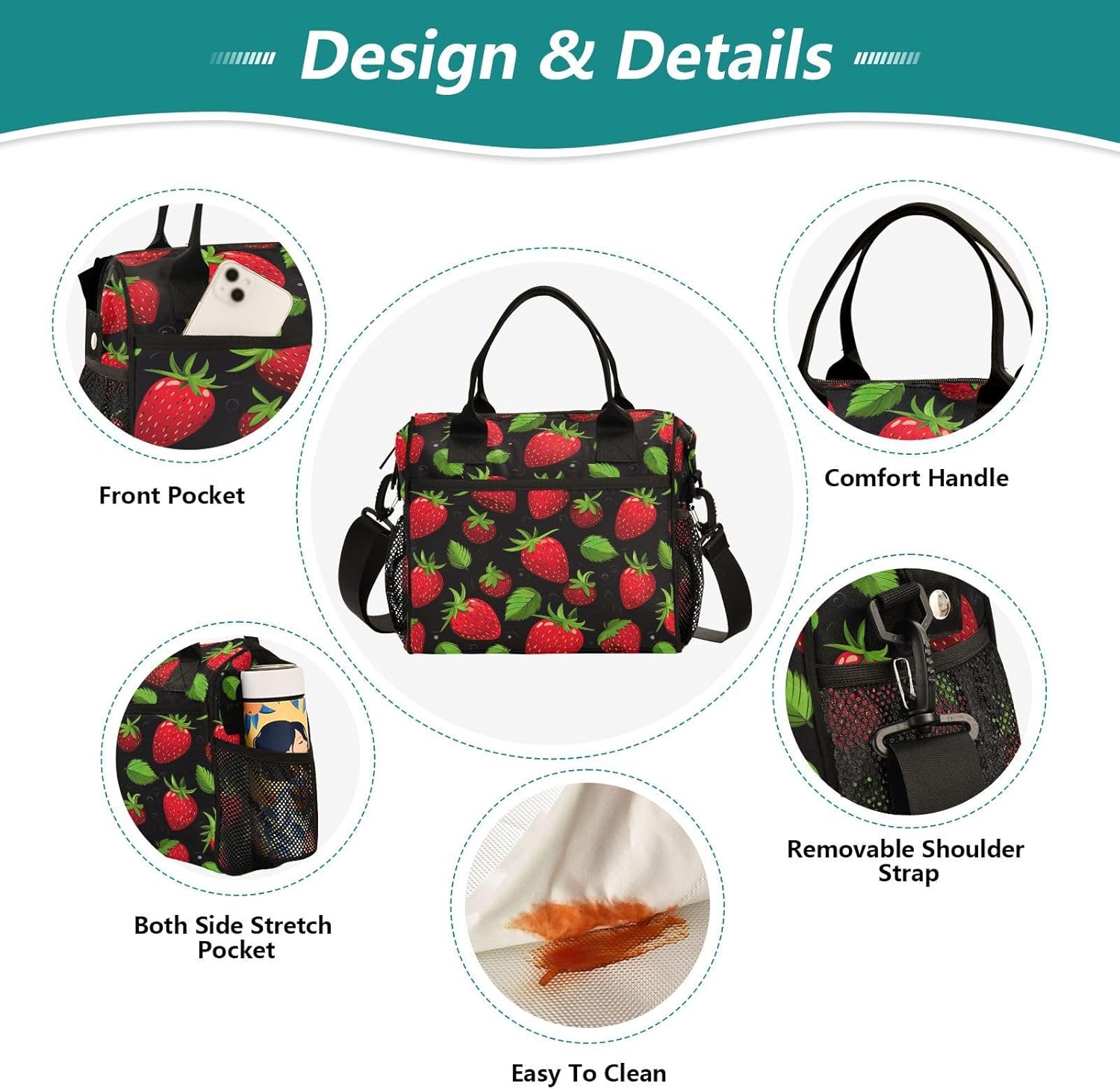 Women's Lunch Box Strawberry Black Insulated Lunch Bag Cooler Food Containers Lunch Tote for Work S 20853206
