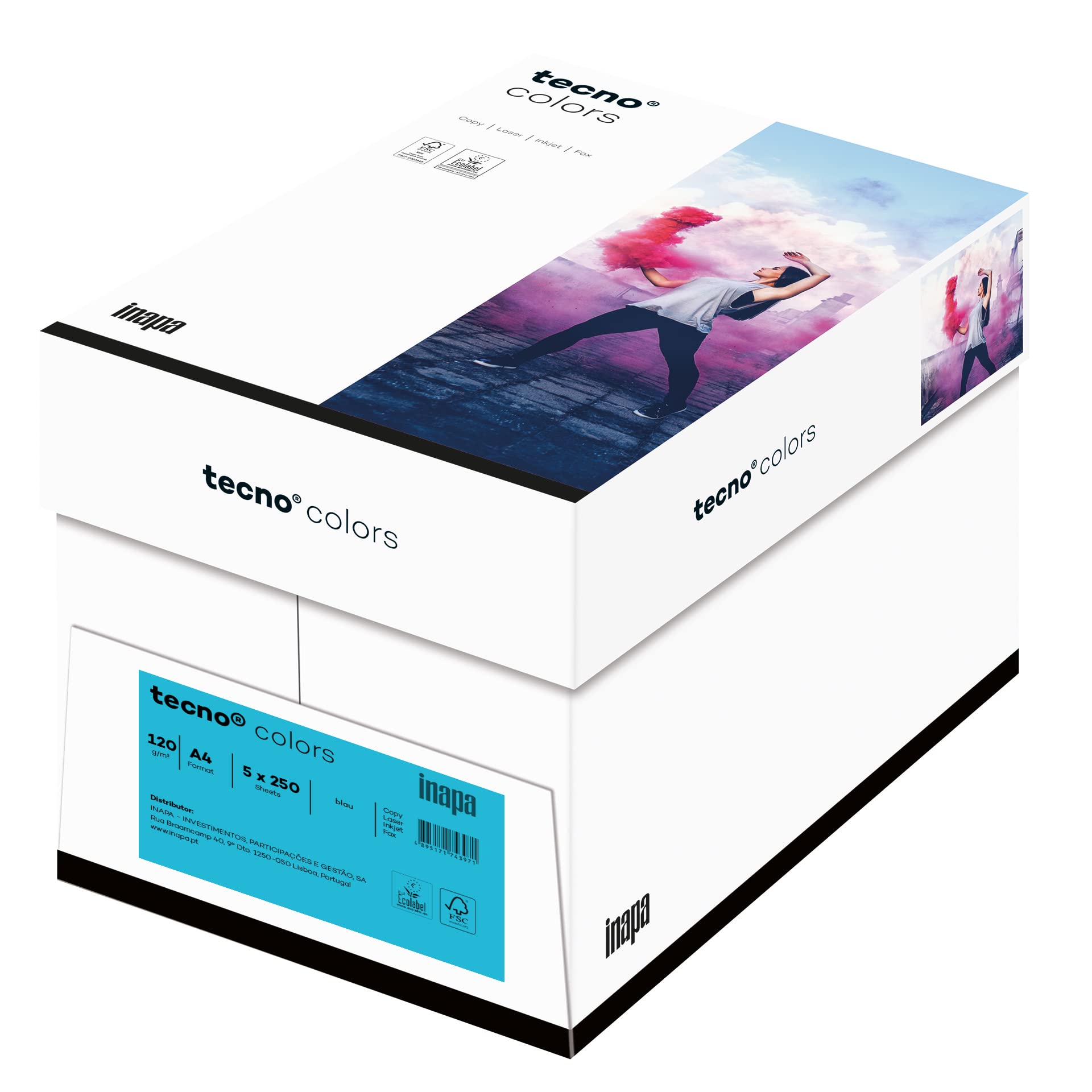 inapa farbiges Druckerpapier, buntes Papier tecno Colors: 120 g/m², A4, 1.250 Blatt (5x250), blau