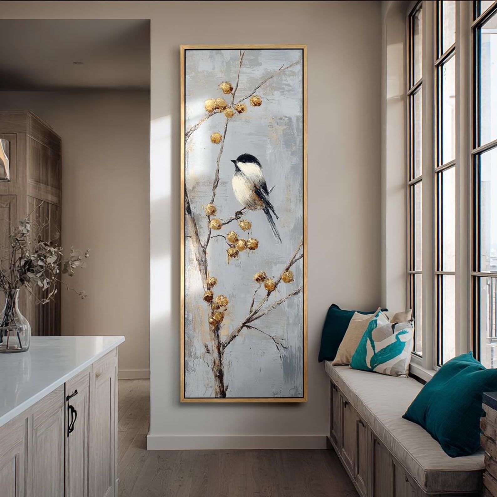 XINBAO Sztuka na płótnie z ptakami, wysoka cienka pionowa sztuka, minimalistyczny obraz ptaków, nadruki ptaków, duży pionowy obraz zwierząt (65 x 195 cm/rama wewnętrzna)