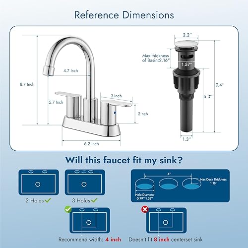 Miniatura 5 de Grifo de baño de 4 pulgadas, grifo de lavabo de baño de doble manija, grifo de baño cromado pulido, boquilla giratoria de 360 grados, montaje en