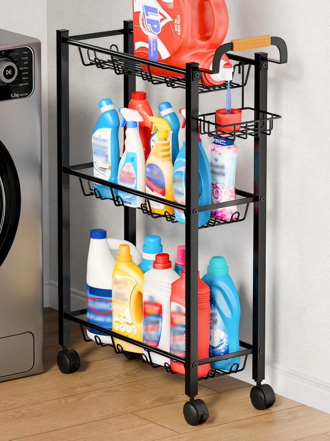 KIMBORA Laundry Room Storage Cart with Detergent Holder with Wheels
