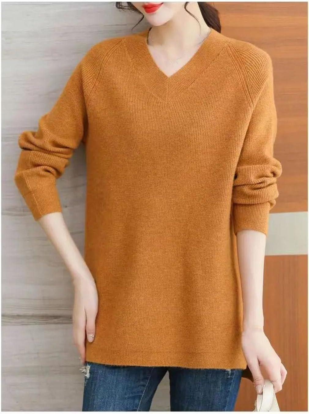 Mid-Length Sweater for Women Loose Large Size All-Match V-Neck Solid Color Casual Knitted Top Base