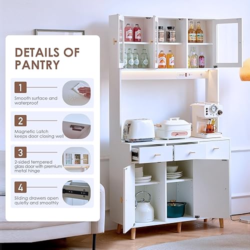 Miniatura 6 de Armario de despensa de cocina con toma de corriente y luz, gabinete independiente grande de 73 pulgadas con armario de buffet, armario alto con
