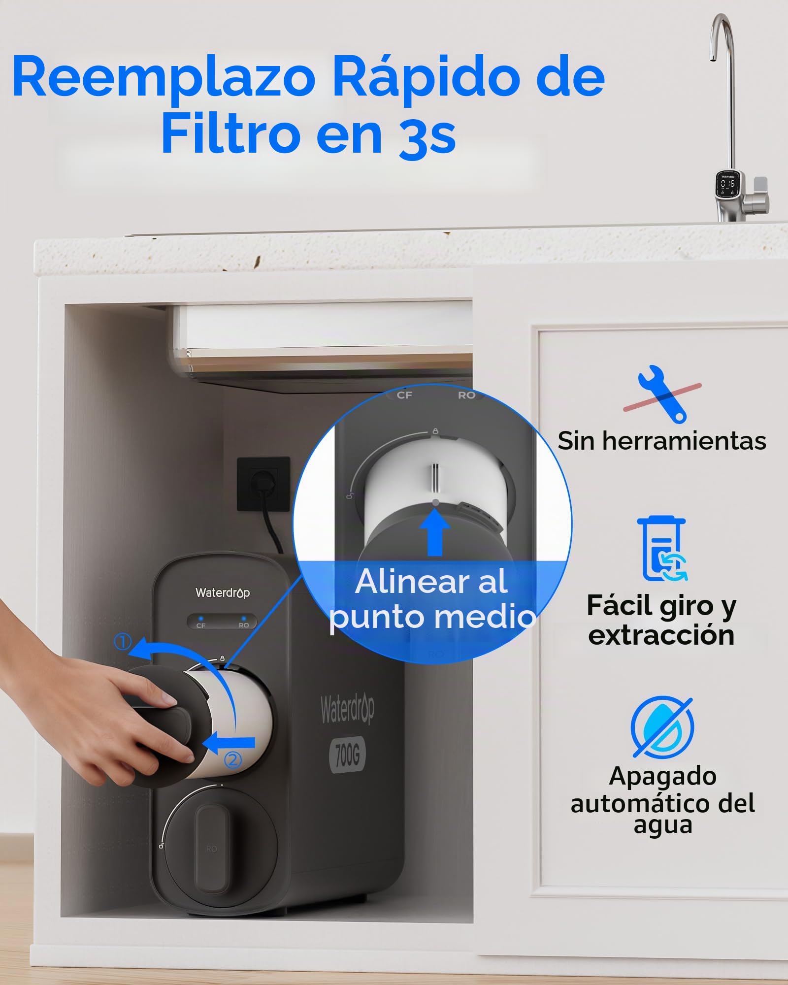 Waterdrop WD-G5P700A-CF Filtro, Repuesto para el Sistema de Ósmosis Inversa Bajo Fregadero WD-G5P700A, 6 Meses de Vida Útil