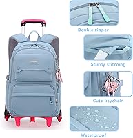 Tanou Trolley rugzak met 6 wielen, 16 inch, lichte schooltas met wielen, voor meisjes op de basisschool, afneembare schoolrugzak, trolley voor school, reizen, 8-14 jaar, blauw, Großes Kinder, Rugzak
