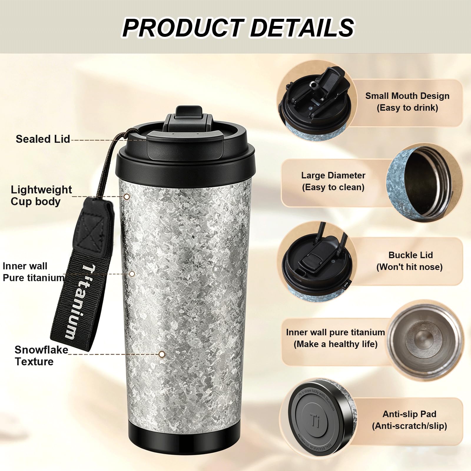 Taza Térmica de Titanio con Pajita, 500ml, Taza de Café para Llevar con Tapa, Hermética al Vacío a Prueba de Fugas, Doble Pared Aislada, Taza de Viaje para Bebidas Calientes y Frías, Rojo