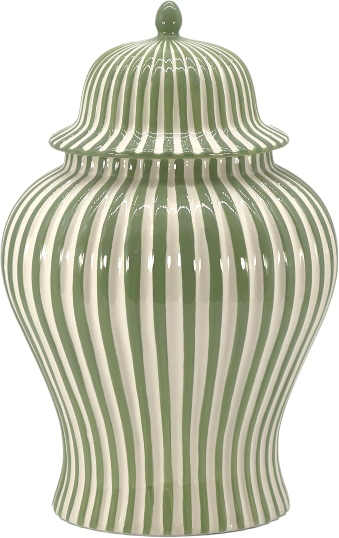 Galt International 18" Green Candy Stripe Ginger Jar w/Lid