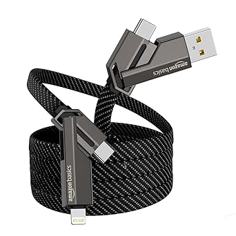 Amazon Basics 4-in-1 Metal Flat Braided Indestructible Cable | 110cm, 60W Fast Charging | Lightning to Type C, Type C to C, Lightning to Type A | Compatible with iPhones, iPads, MacBooks, Type-C Laptops | Grey