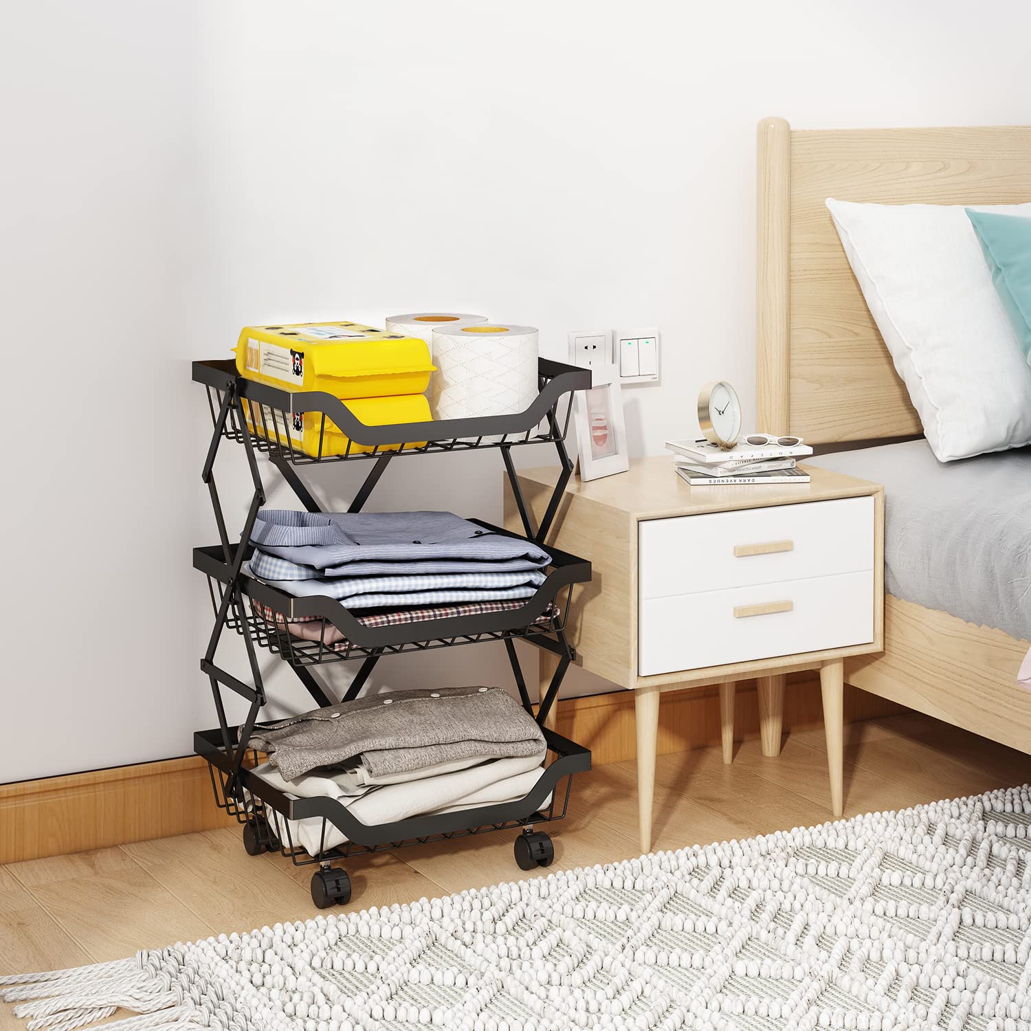 Fruit Basket for Kitchen, Heavy-Duty Metal Storage Rack on Wheels, Multi-Purpose Folding Basket Organizer Shelving for Kitchen, Bathroom, Bedroom, or