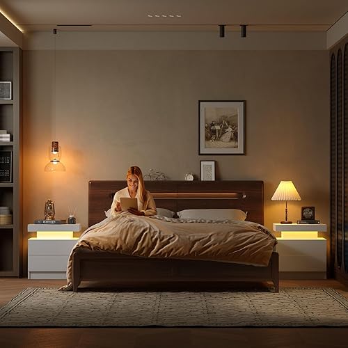 Miniatura 9 de Generic Juego de 2 Mesita de noche con 2 cajones, mesa de noche con cajones para muebles de dormitorio, mesa auxiliar con luz LED Blanco,Negro