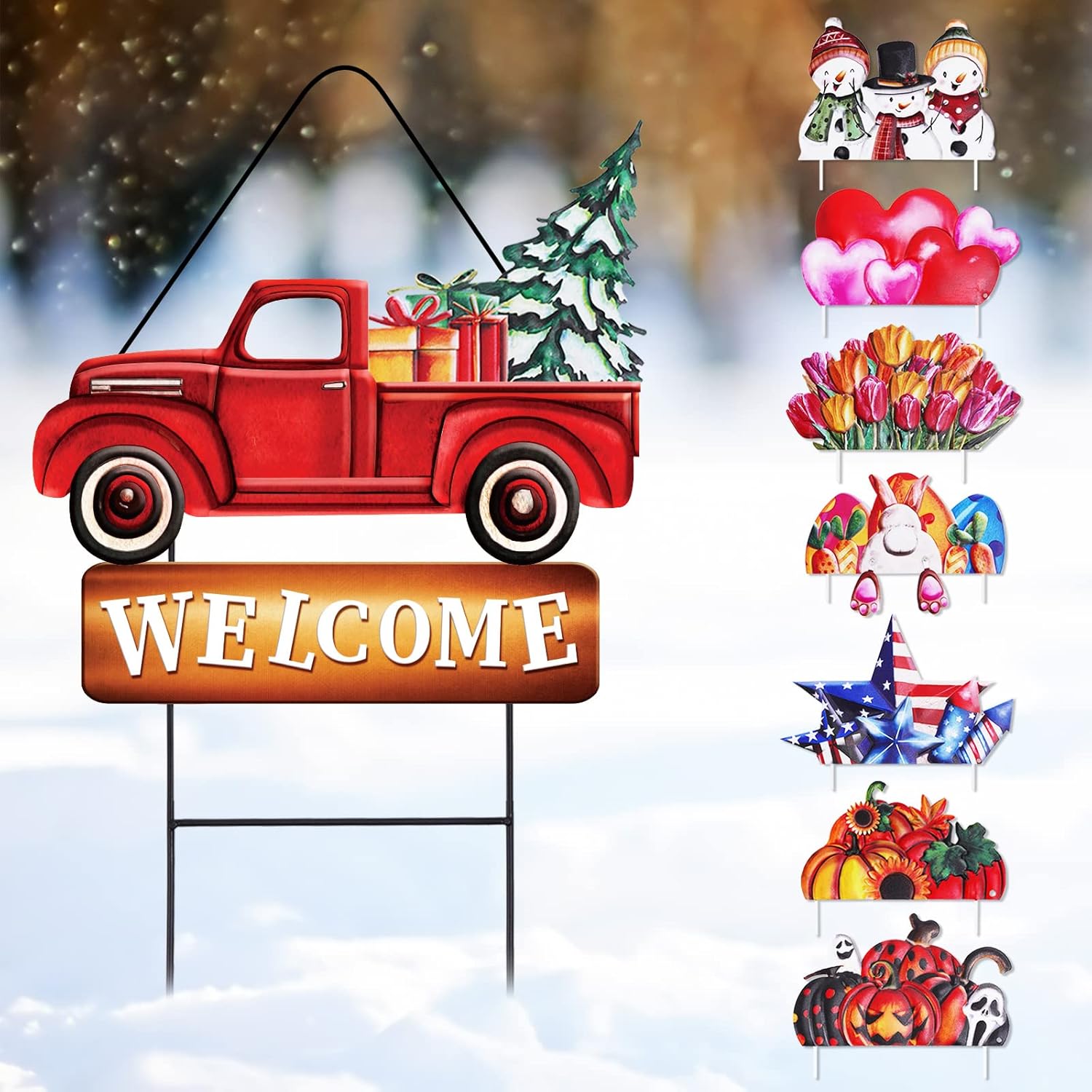 Whaline Valentine's Day Metal Yard Stakes Easter Welcome Interchangeable Garden Stake Red Truck Decor Set with Seasonal Sign Loads, Set of 9