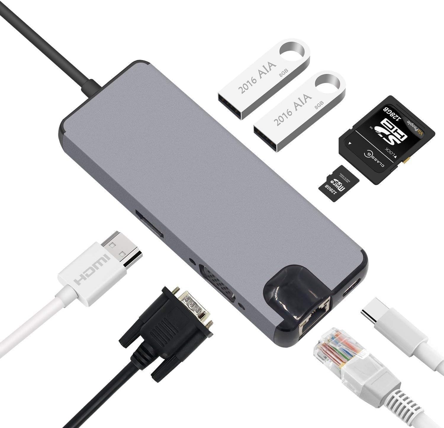 NSinc - 8 in 1 Type C USB hub, Type C Adapter with HDMI Port, VGA Port, Gigabit Ethernet Port RJ45, USBC Power Delivery, 2 USB 3.0, TF/SD Card Reader for MacBook Pro, Google Chromebook