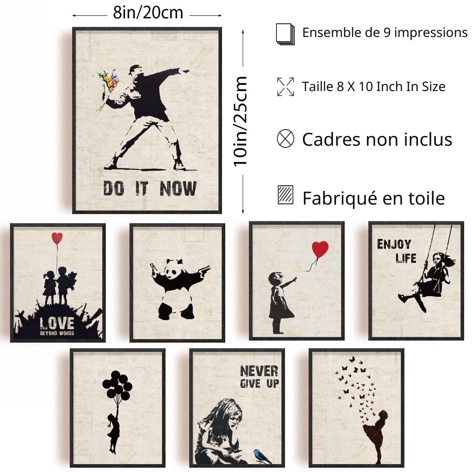 Banksy Lot de 9 Impressions sur Toile Panda Sans Cadre 20,3 x 25,4 cm