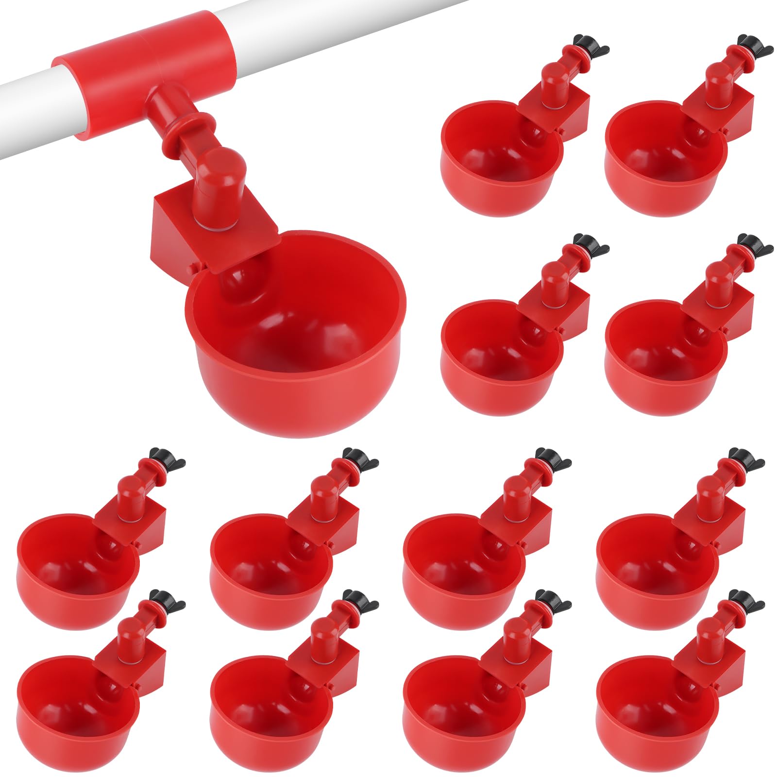 Kalolary Bicchieri automatici per abbeveratoio per pollo, confezione da 12 pezzi, con raccordi a T, per pulcino, coniglio, oca, anatra, tacchino, contenitore professionale per acqua per pollame con
