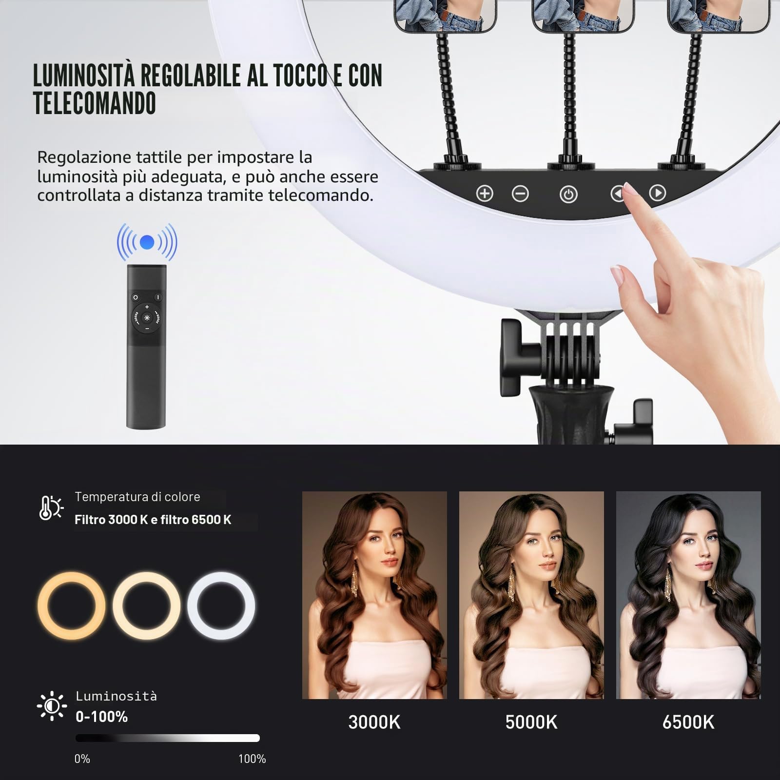 Luce ad anello da 45,7 cm con supporto per treppiede e supporto per telefono, luci ad anello KOSCHEAL con telecomando, 3000-6500 K, dimmerabile, bianco, allungabile 216 cm, luce circolare alta per