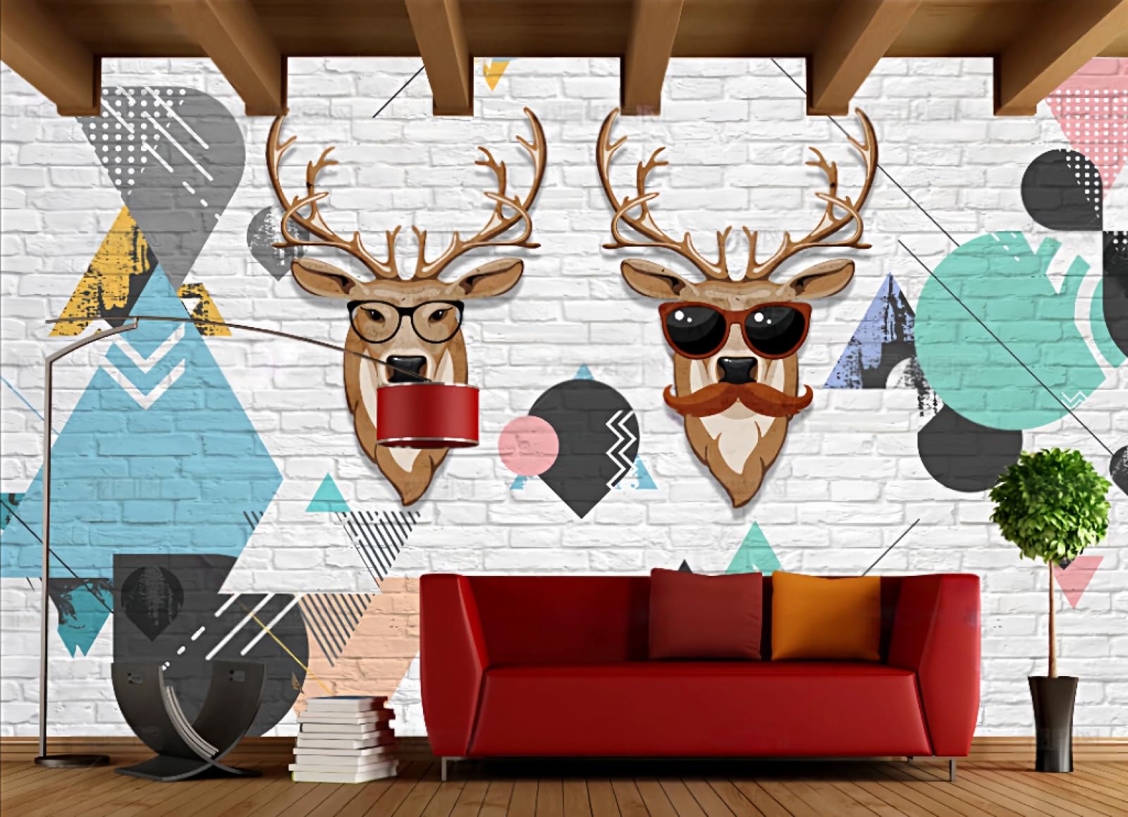 3D ręcznie malowana głowa jelenia tapeta trójkąt biała cegła ściana malarstwo dekoracyjne do salonu kawiarni restauracji mural 3D 200 x 140 cm