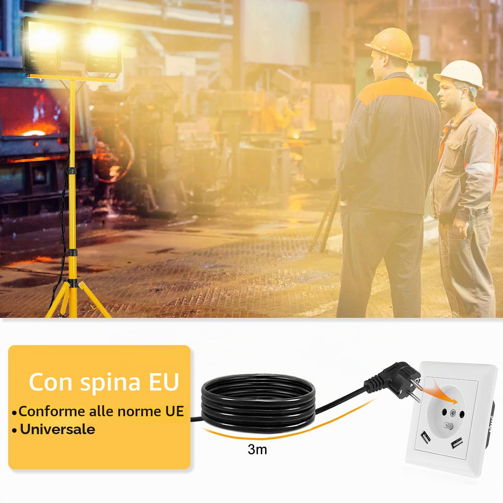 UISEBRT Faro da Lavoro a LED 2*200W Bianco Freddo con Treppiede - Proiettore da Lavoro a LED impermeabile IP66 per uso Interno ed esterno - Campo Sportivo, Cantiere (2*200W Bianco Freddo + Treppiede)