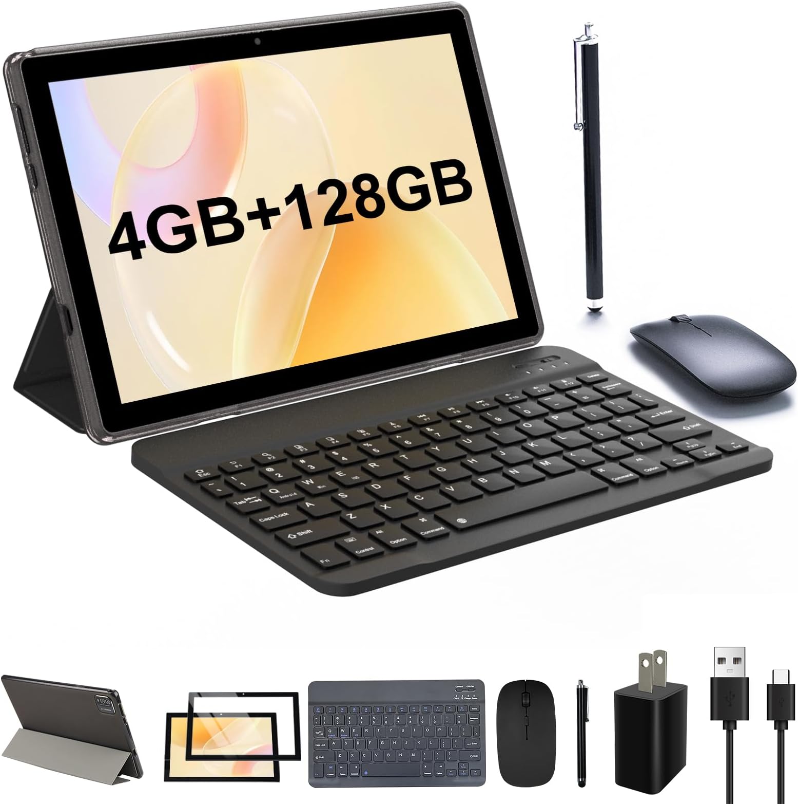 Tablet with Keyboard, 10 Inch 4GB RAM+128GB ROM+1TB Android Tablets PC, 2.0Ghz Quad-core Processer Computer, 8MP Dual Camera, 6000mAh Battery, 2 in 1 Tablets with Case, Mouse, Stylus, Type-c cable