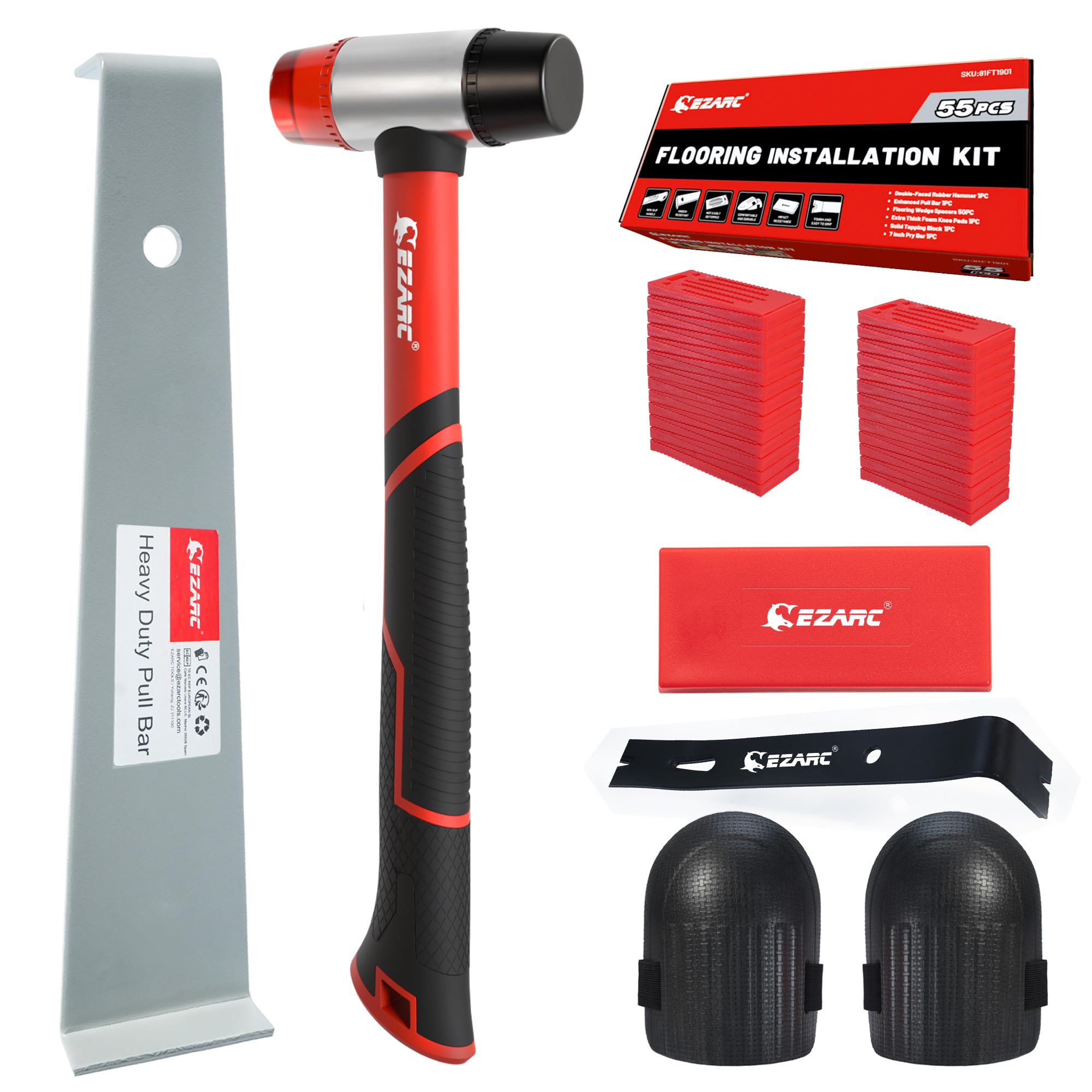 EZARC Kit di strumenti per pavimenti in laminato rinforzato, con martello a doppia faccia, barra di trazione pesante, blocco di battitura, ginocchiere, cuneo e 50 distanziatori per pavimento.