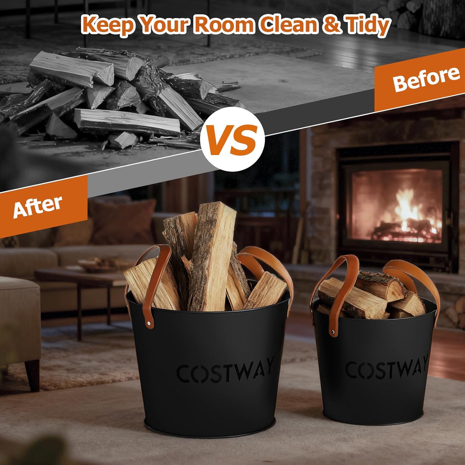 COSTWAY Ash Bucket Set of 2, Metal Coal Ash Can Set with 11.5 Gal & 8.5 Gal Bucket, Leather Carrying, Indoor Outdoor Ash Tool Cleaning Bucket for Fireplace Fire Pits Wood Burning Stoves, Black