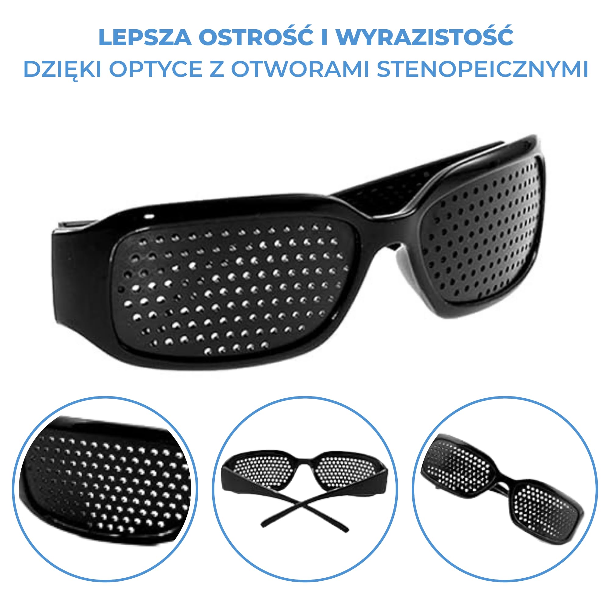 okulary dziurkowane stenopeiczne do treningu oczu i poprawy wzroku, okulary siatkowe, pinhole perforated glasses, czarne