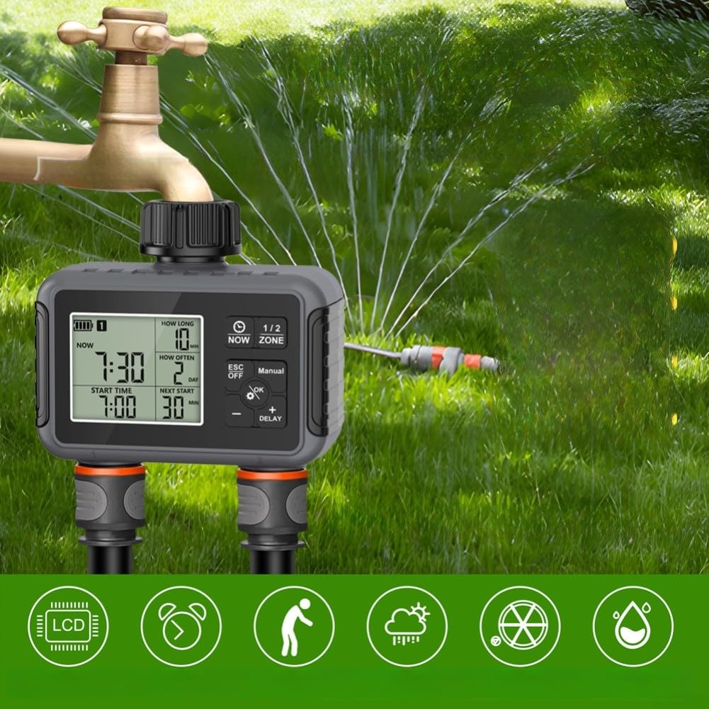 Temporizador de agua programable para grifo de jardín con configuración de entrada y salida de zonas duales independientes y capacidad de anulación manual