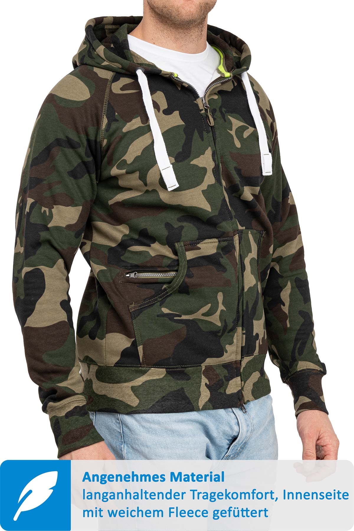 Happy Clothing Herren Sweatjacke Camouflage - Kapuzenjacke mit Tarnmuster, weiches Fleece innen, Baumwollmischung, 300 g/m², Zip Hoodie mit Zwei Taschen, Regular Fit, Militär - Größen XS-5XL