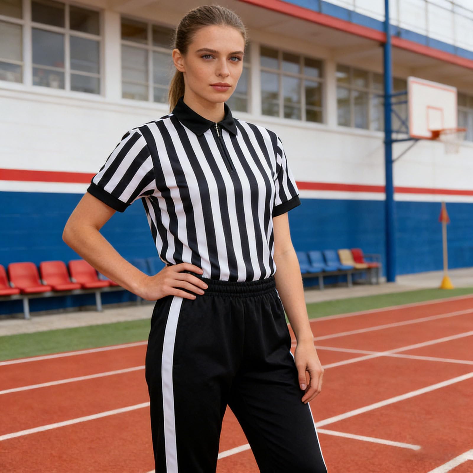 Set di maglia da arbitro a righe, maglietta a maniche corte con scollo a V e pantaloni, da calcio, basket, hockey, pallavolo, baseball, softball, palestra, uniforme sportiva per arbitri e partite di