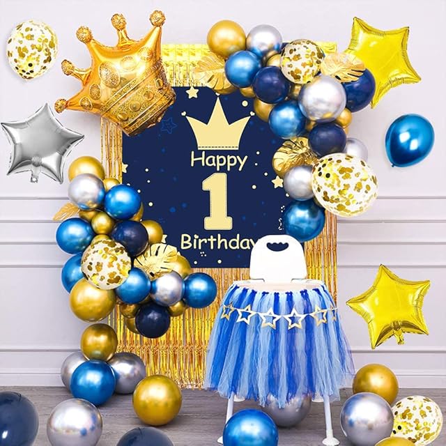 1st Birthday Decorations for Boys, Blue and Gold Balloon Party Supplies with Happy Birthday Poster, Crown Star Foil Balloons, Golden Turtle Leaf, Blue Gold Silver Balloons for First Baby Shower