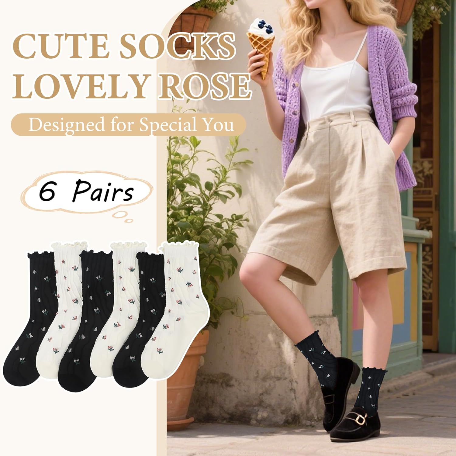 6 Pairs Cute Floral Ruffle Crew Socks Women, Breathable Cotton Novelty Casual Girls Above Ankle Funny Socks US 5-10 - Image 5