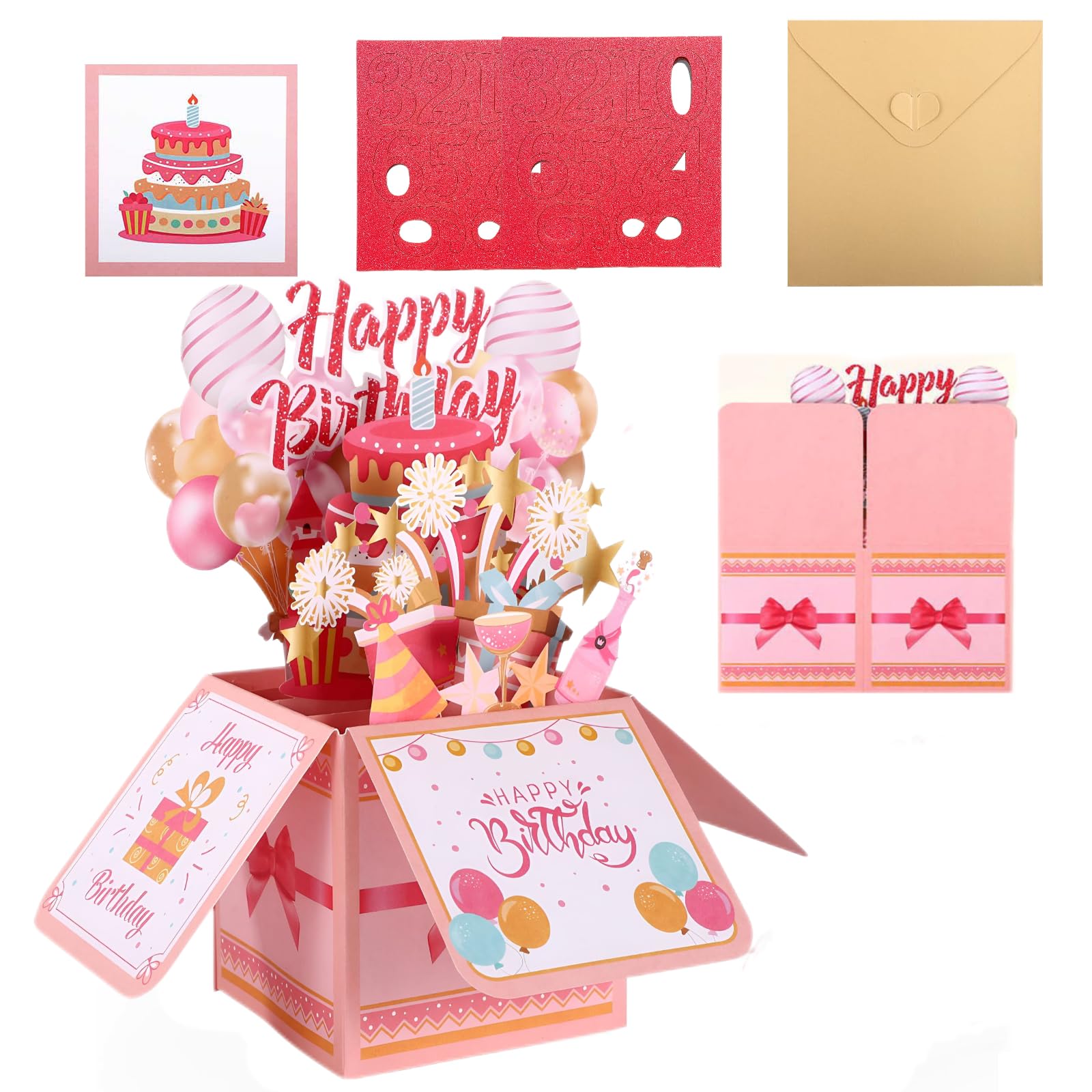 Birthday Cards for Her, 3D Fireworks & Balloons Pop Up Birthday Card, Happy Birthday Card, Girls' Birthday Card & Woman's Birthday Card with Envelope & 2 Reusable Number Cards for Custom Age (1-99) — image 1