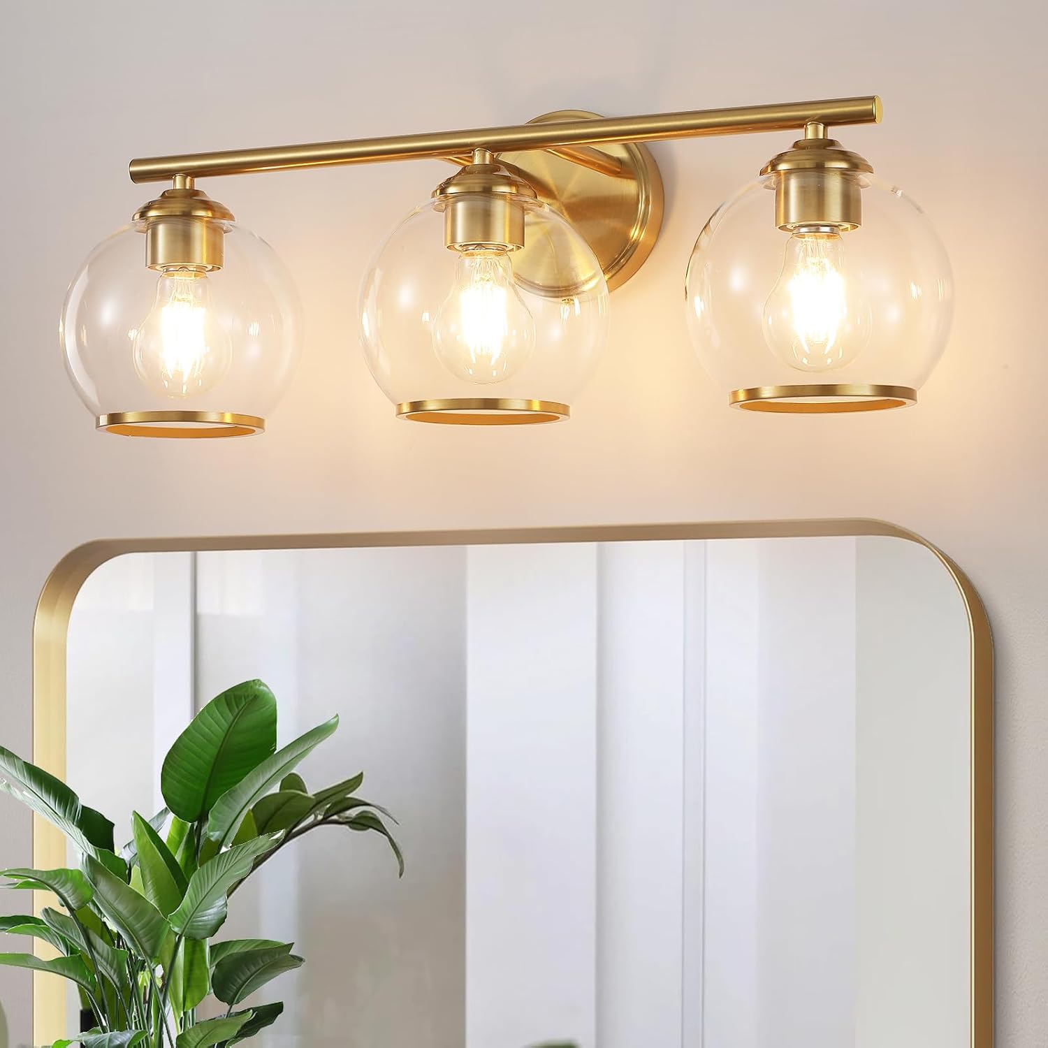 Brushed Gold Bathroom Vanity Light Over Mirror, 3 Light Bathroom Light Fixtures with Clear Globe Glass Shade, Modern Vanity Lighting Wall Mounted Brushed Gold 3 Light