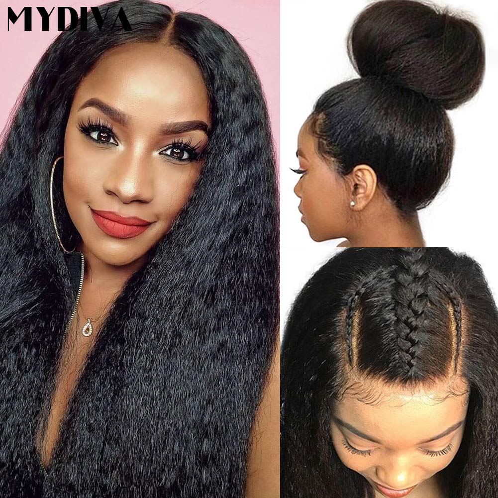 MYDIVA Yaki Straight Human Hair Lace Front Wig for Black Women Glueless Lace Wigs Human Hair Yaki Kinky Straight with Baby Hair Brazilian Virgin Hair 150 Density (14 inches, lace fronatl wig)