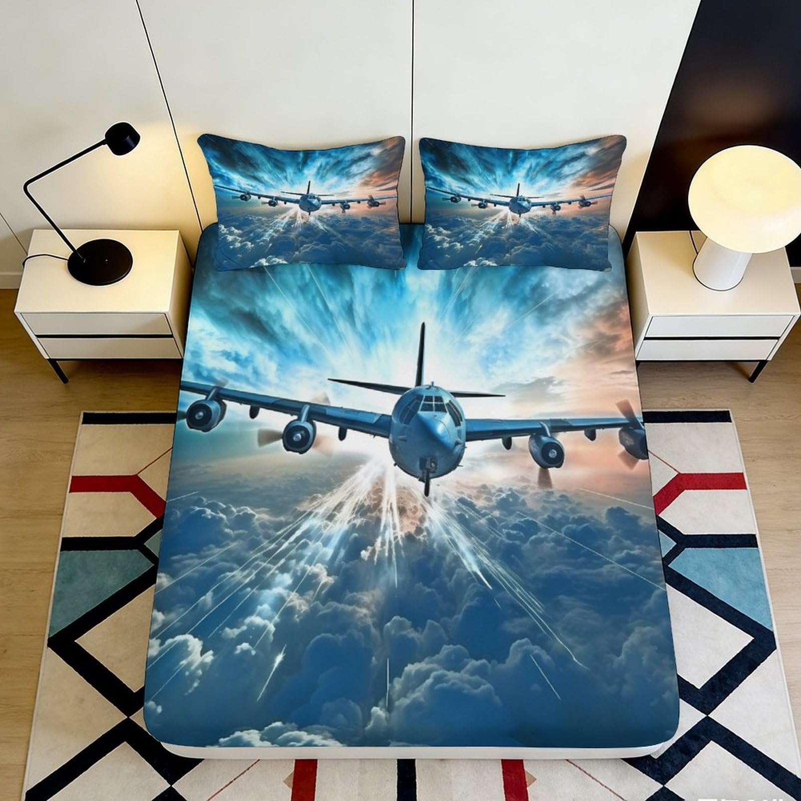 3D Printed Blue Sky Airplane Fitted Sheet Microfiber Soft Breathable Cloud Flight Bed Cover for Bedroom Decor 90x200x25cm