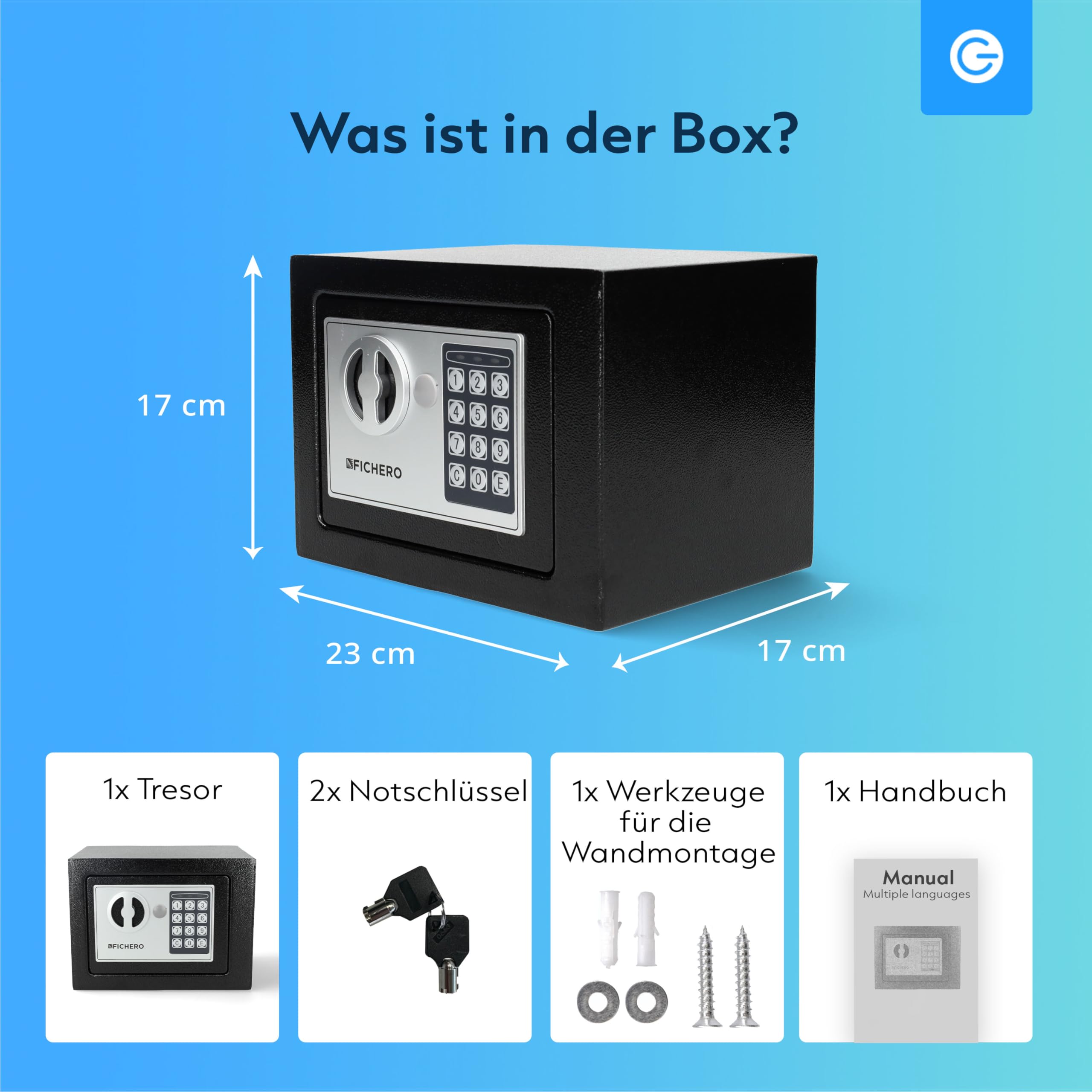 Silvergear® Tresor für Zuhause | Elektronischer Safe Tresor mit Zahlenschloss | Möbeltresor für Bargeld, Schmuck, Ausweise, Dokumente | Geldtresor aus Stahl, 2 Schlüsseln & Code | 17x23x17cm | Schwarz
