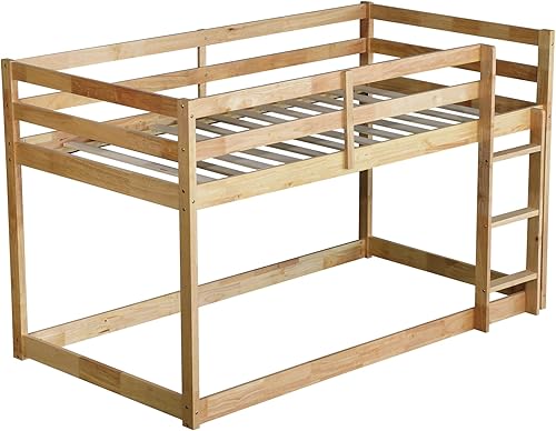 Miniatura 43 de Litera baja individual sobre individual, base de cama de madera maciza con escalera y barandillas de seguridad, literas individuales para niños y
