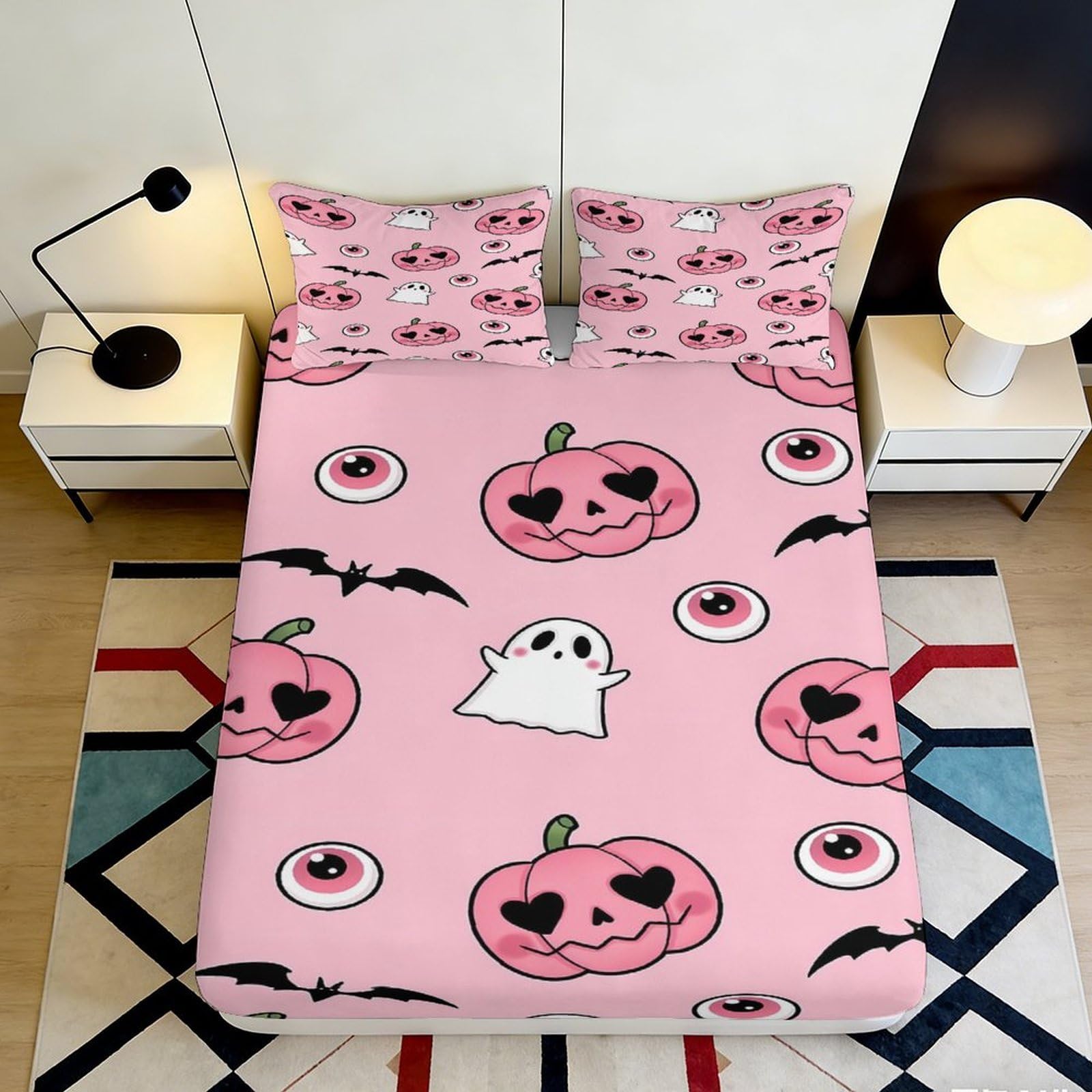 3D Printed Pink Pumpkin Ghost Fitted Sheet Microfiber Soft Bed Cover Halloween Bat Eye for Bedroom Guestroom 90x200x25cm