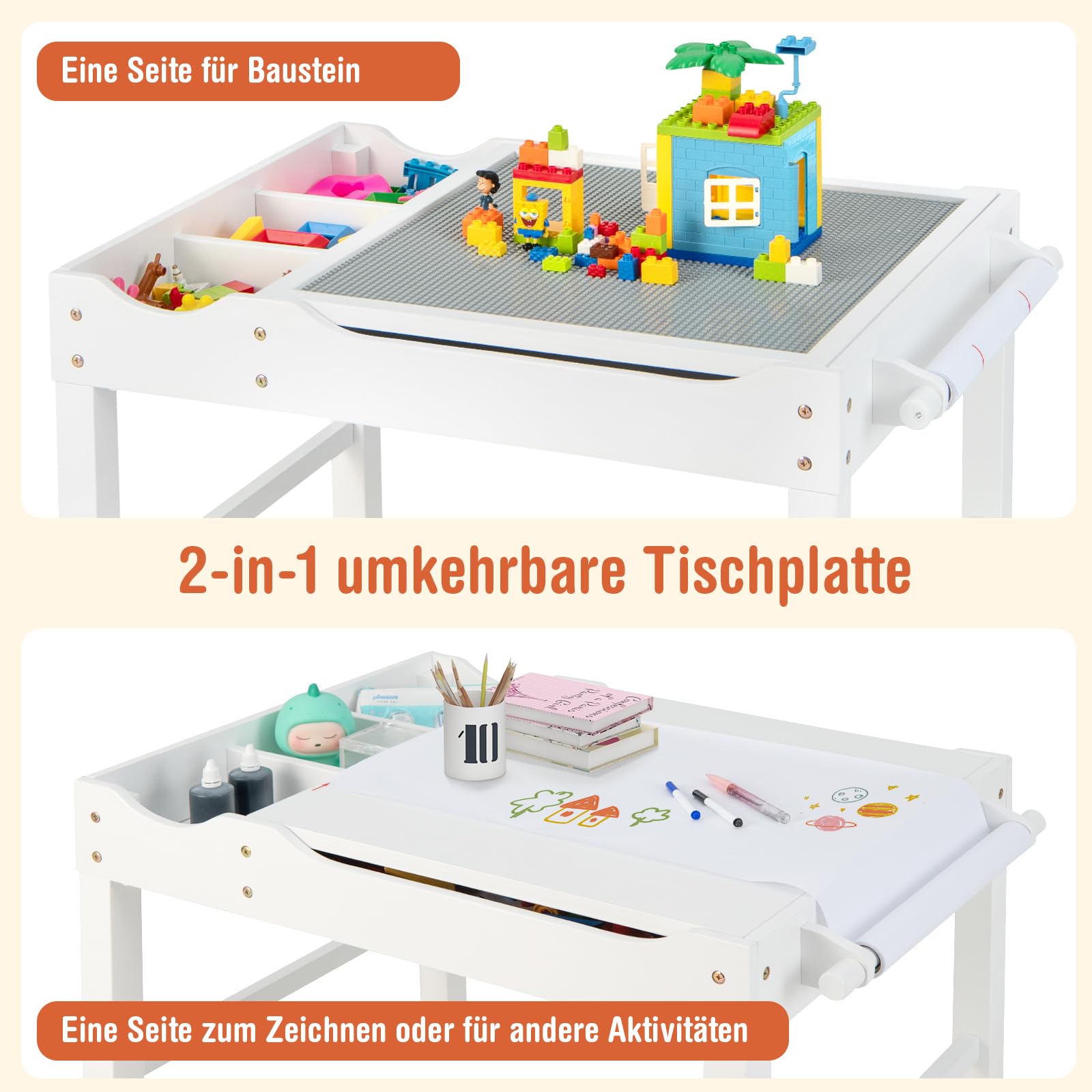 COSTWAY 2 in 1 Kindertisch mit umkehrbarer Tischplatte, Spieltisch aus Kiefernholz mit Stauraum, Seiternstange & Papierrolle, Aktivitätstisch Legotisch für Kinder ab 3 Jahre (Weiß)