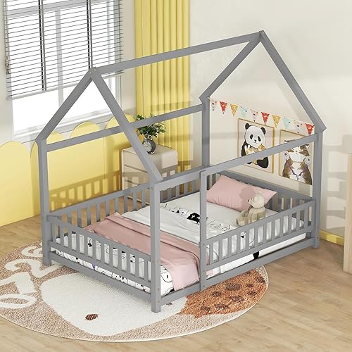 Harper & Bright Designs Base de cama de suelo completo para niños, cama Montessori de madera con rieles, cama de casa de tamaño matrimonial para